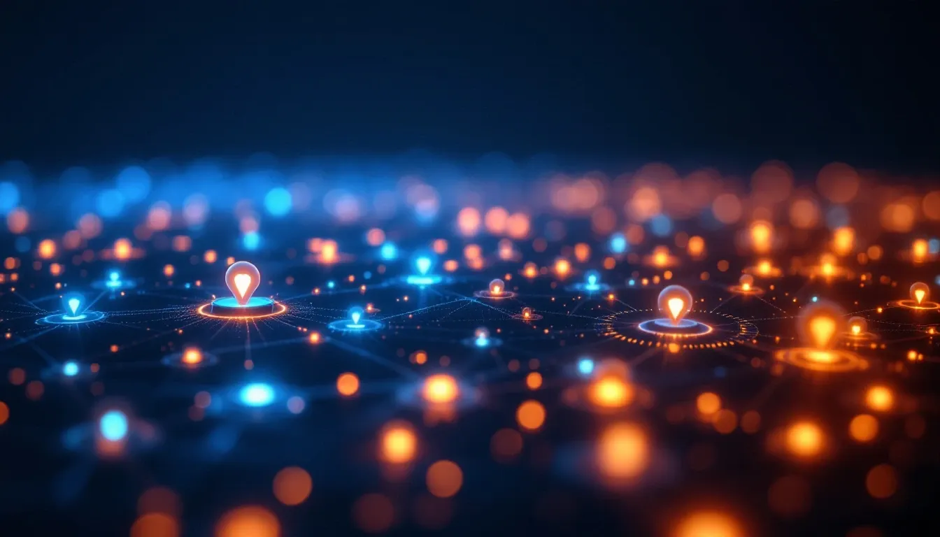 A sprawling dark-navy field of many glowing software-agent nodes, each sealed inside its own luminous credential gate; most glow cool blue while a few glow warm amber to signal earned trust — identity as the real boundary, not a dashboard hovering on top.
