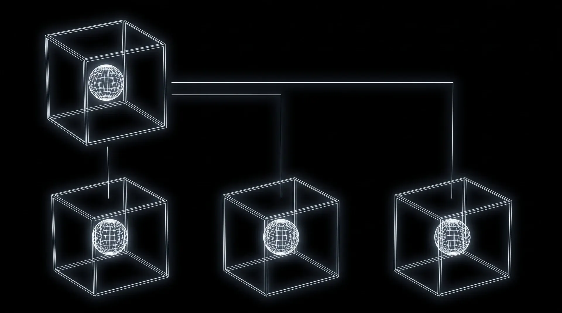 A 3D wireframe diagram drawn in thin glowing white lines on a solid pure black background, with no other colour anywhere. Four open wireframe cubes are arranged in two rows, every one of them seen in the same three-quarter perspective with all twelve edges visible and the interior completely see-through. One cube sits alone in the upper left of the frame. Floating at its centre is a small wireframe sphere built from evenly spaced latitude and longitude lines. Three more cubes sit in a row along the bottom, separated by wide bands of empty black space, and each one holds a sphere at its centre drawn with the same spacing, the same size and the same orientation as the sphere in the cube above, so the three interiors are indistinguishable from one another and from the original. Three separate thin white lines leave the underside of the upper cube and descend into the top of each of the three lower cubes, one line per cube.