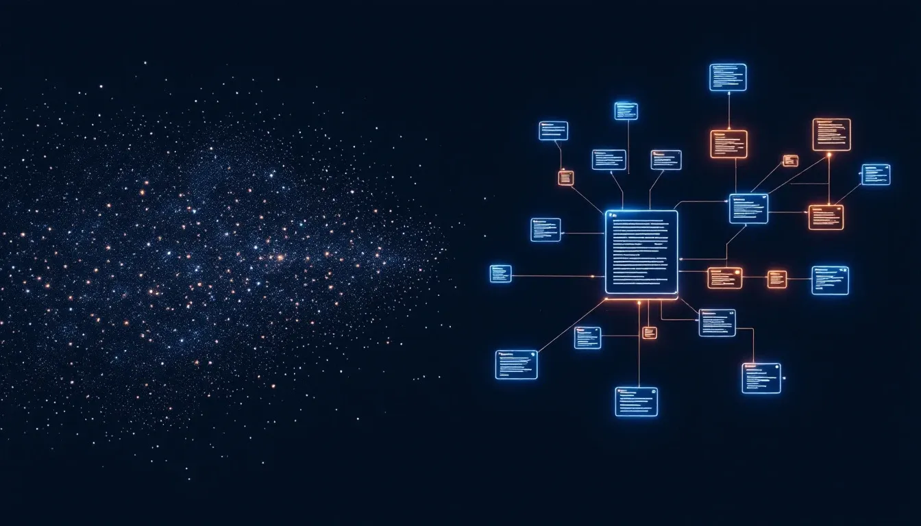 Dark-navy illustration contrasting two memory designs: on the left a hazy, disordered cloud of thousands of faint dots stands in for latent vector embeddings; on the right a crisp constellation of glowing wiki pages radiates from one bright central index page, linked by thin blue hyperlink threads with warm amber anchors marking citations pinned to sources.
