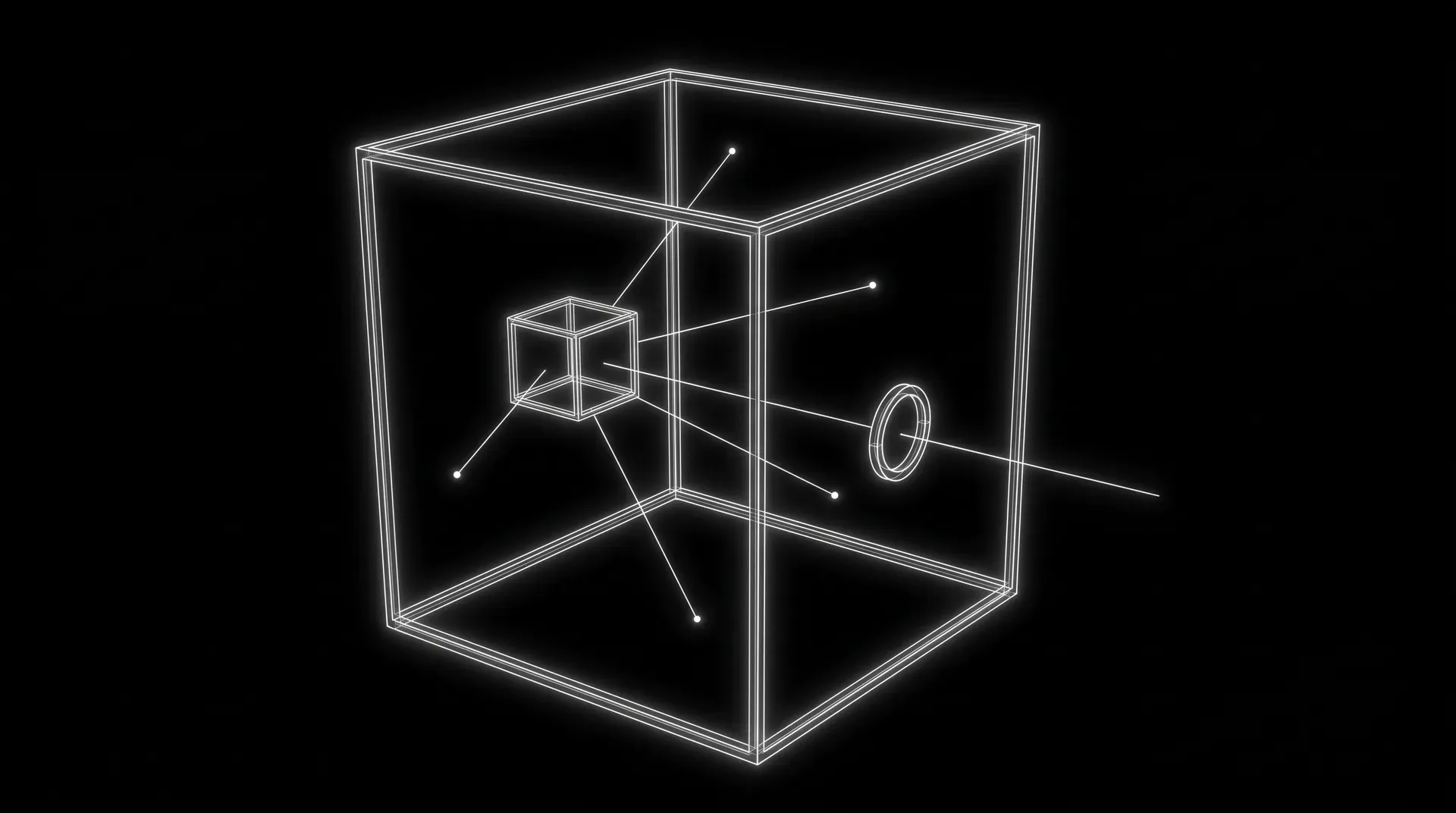 A 3D wireframe diagram in thin glowing white lines on a solid pure black background, with no other colour anywhere. One large open wireframe cube sits in three-quarter perspective with all twelve edges visible and see-through faces. Floating inside it, toward the back left, is one small wireframe cube. Six thin straight lines leave the small cube in different directions. Five of them stop at the inside faces of the large cube, each ending in a small dot, and go no further. The sixth runs to a single small wireframe ring set into the right-hand face of the large cube, passes through the ring and carries on out into the empty black space beyond. The ring is the only opening anywhere in the large cube.