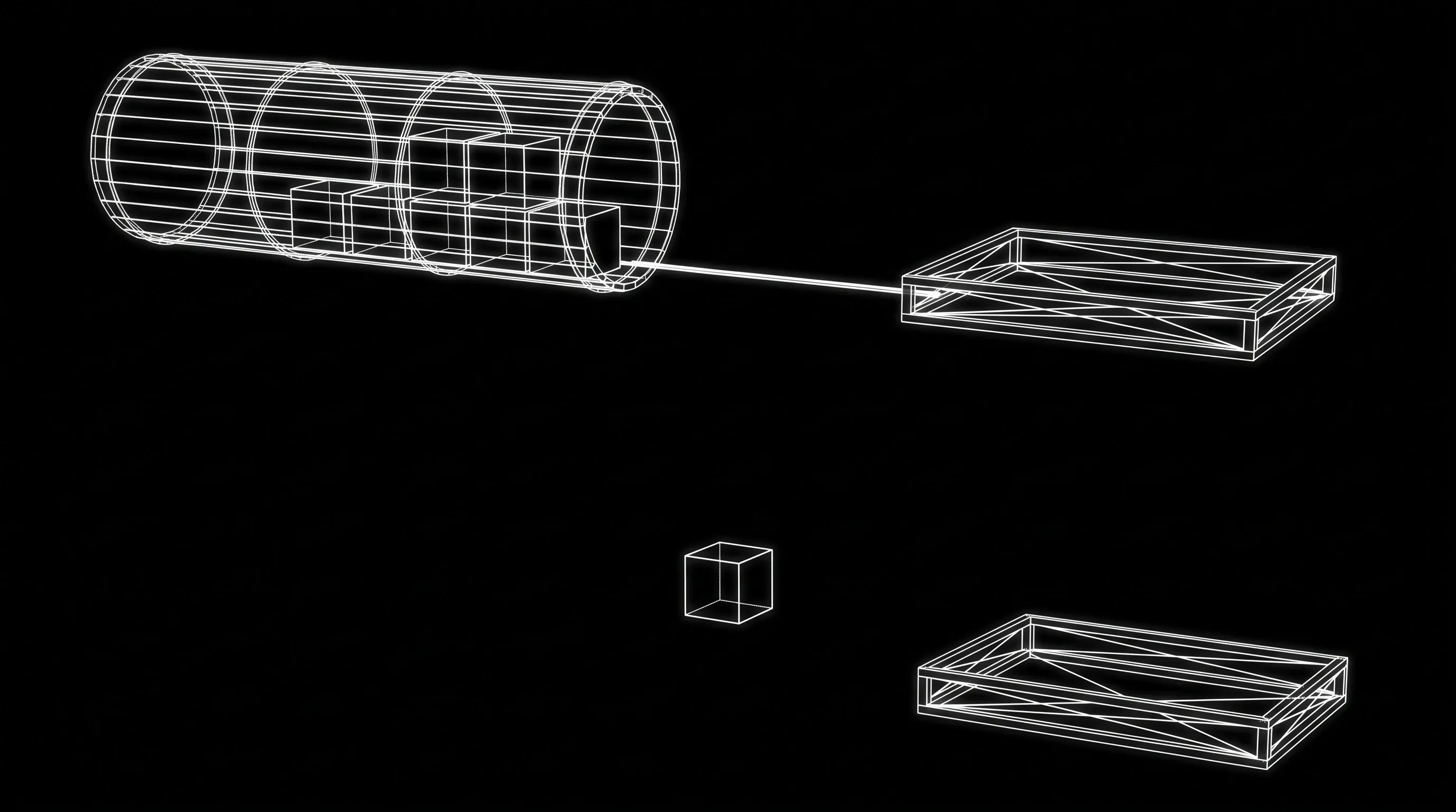 A 3D wireframe diagram drawn in thin glowing white lines on a solid pure black background, with no other colour anywhere. The frame holds four objects arranged in two rows, all seen in three-quarter perspective. The upper row has two objects joined together. On the left is one long open wireframe cylinder lying on its side, built from evenly spaced circular ribs joined by straight lines so the interior is completely see-through, and resting inside it is a row of small wireframe cubes stacked against one another. A single straight thin white line runs from the open right end of that cylinder across a wide black gap to the second object, a low flat wireframe tray drawn as an open rectangular frame with cross-bracing and nothing resting on it. The lower row repeats the tray but has no cylinder at all. The entire left half of the lower row is empty black space containing nothing. In the middle of that emptiness one single small wireframe cube floats alone, with nothing beneath it, nothing around it, and no line touching it on either side. To its right sits the second low flat wireframe tray, identical to the first and also empty, separated from the floating cube by a clear black gap with no connection between them. Wide bands of empty black space surround both rows.